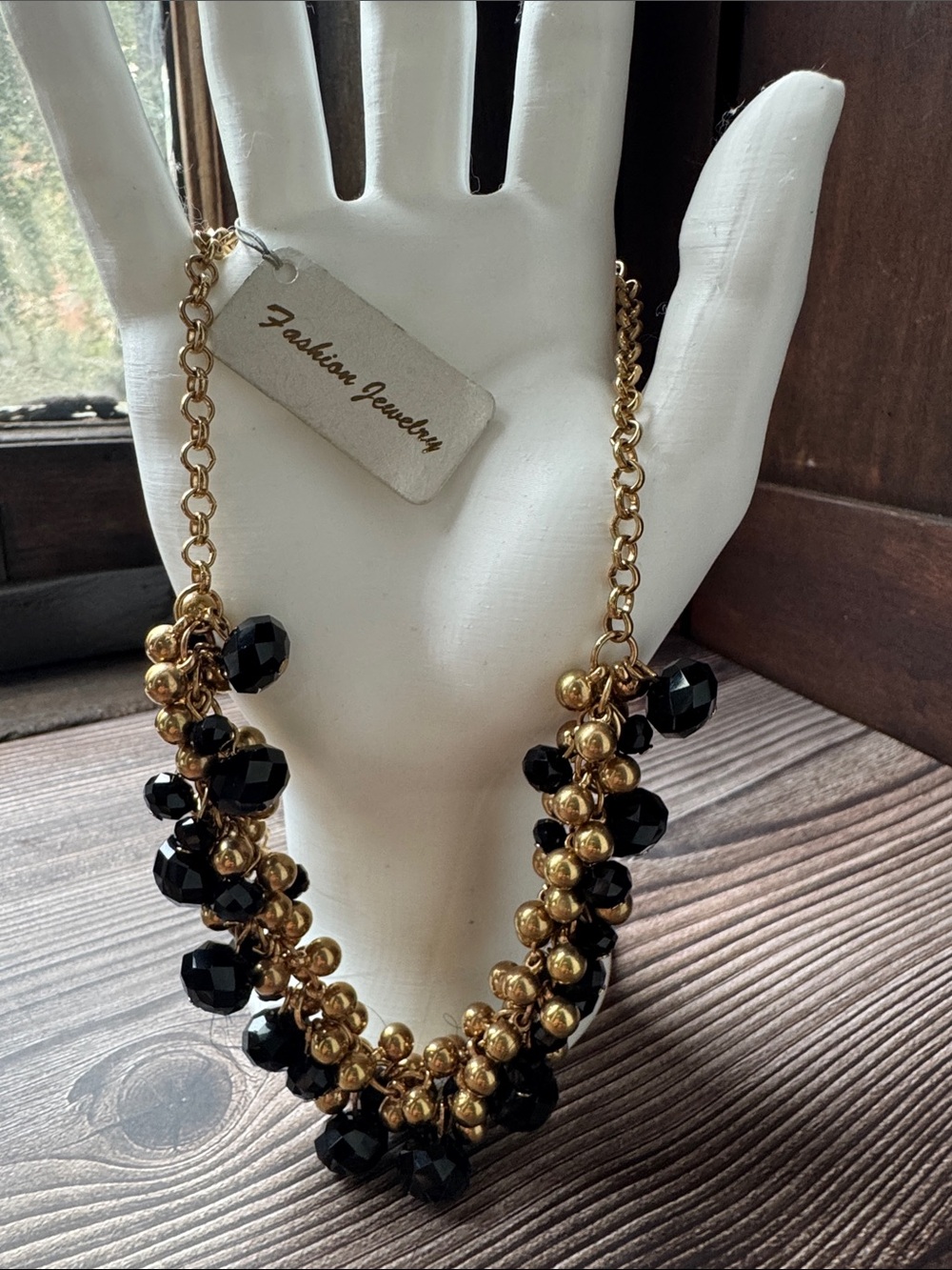 Fashion Jewelry Black and Gold Cluster Necklace - Picture 3 of 3